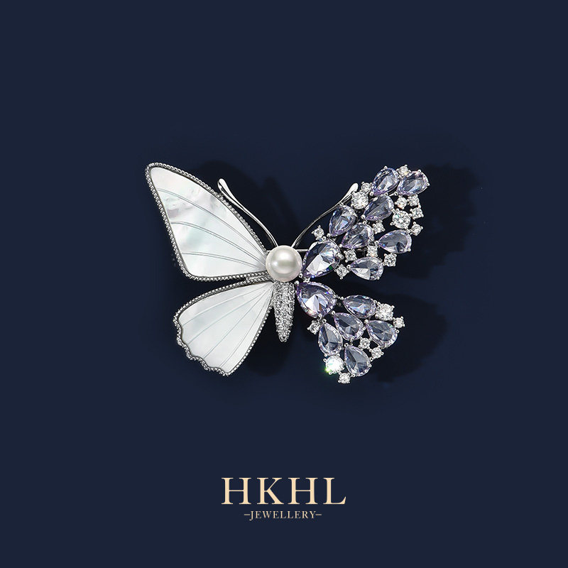 [With Certificate] HKHL Freshwater Pearl Butterfly Brooch for Women, High-End Asymmetrical Corsage Pin, Suit Gift