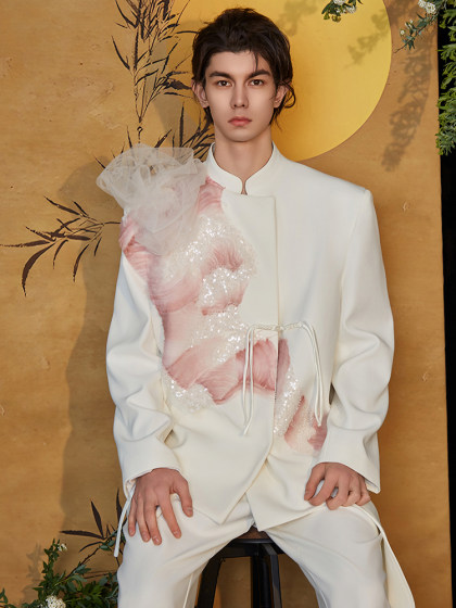 介尺JIECHI「琵鹭生冉」新中式盘扣休闲白色西服外套男高级感上衣