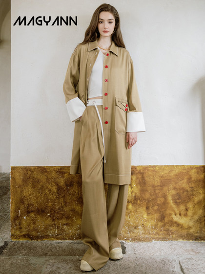 Magyann设计师原创2025春简约休闲翻边拼色风衣女中长款