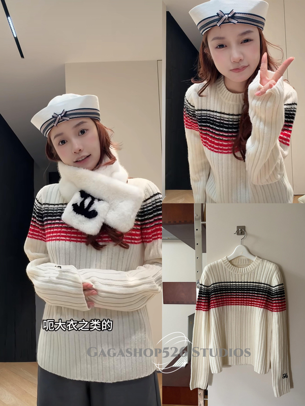 Custom-Dyed Yarn Merino Wool, Same Style as a Stay-At-Home Girl, Navy Striped Slim-Fit Knit Sweater, Paper-Thin Sweater
