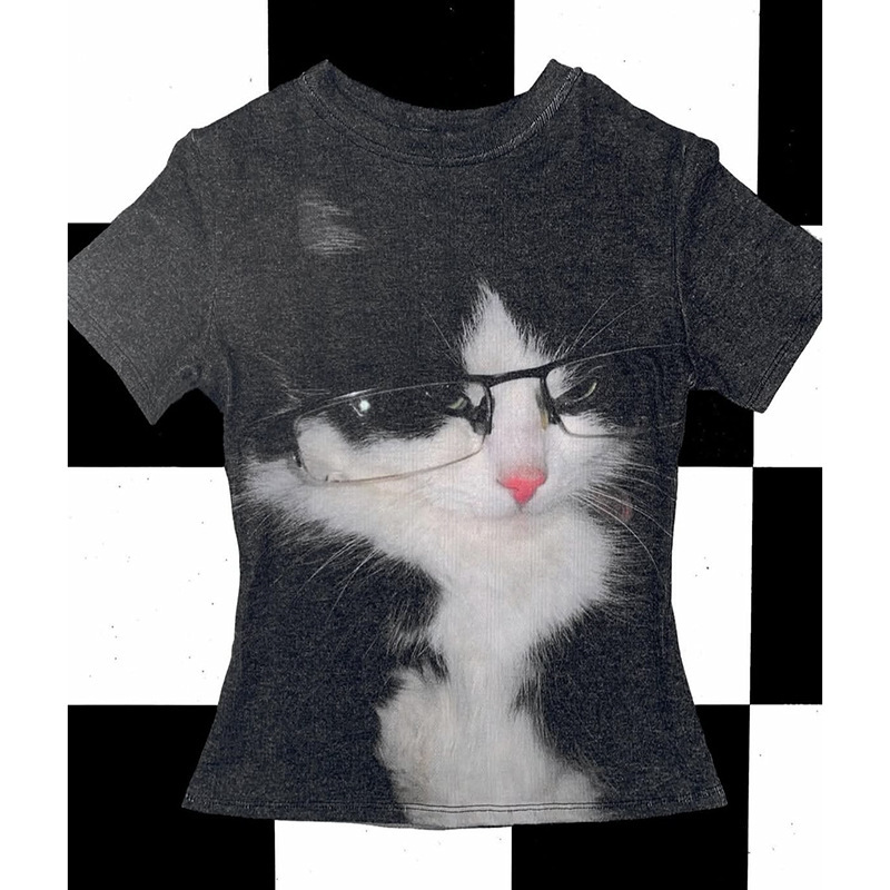 Millennial Y2K Glasses Cow Cat Print Short-Sleeve T-Shirt American Retro Black and White Cat Print Top