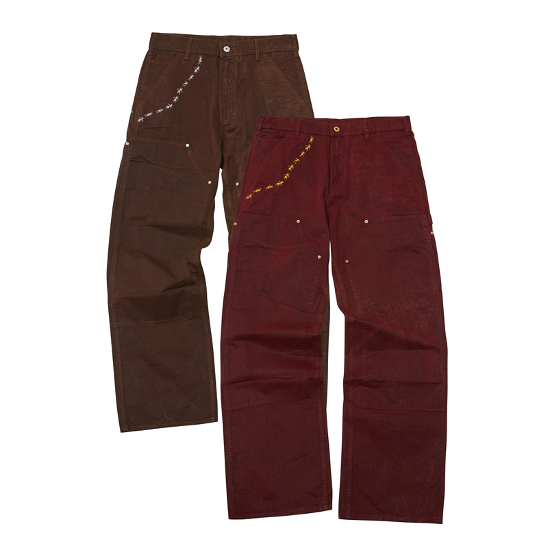 Kujoy “Ant Nest” Red-Brown Embroidered Waxed Double-Knee Lumberjack Pants, Loose Straight-Leg, Stiff