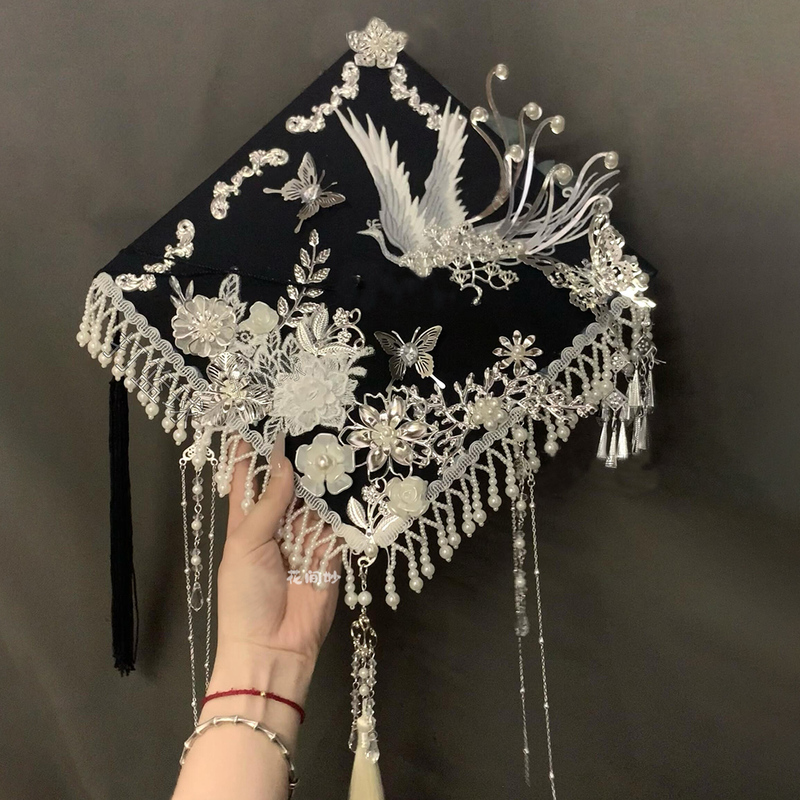 Creative Chinese-Style Embroidery, Silver Hairpin, Flower, Bachelor's Cap, DIY Material Kit, Handmade Graduation Gift for Friends
