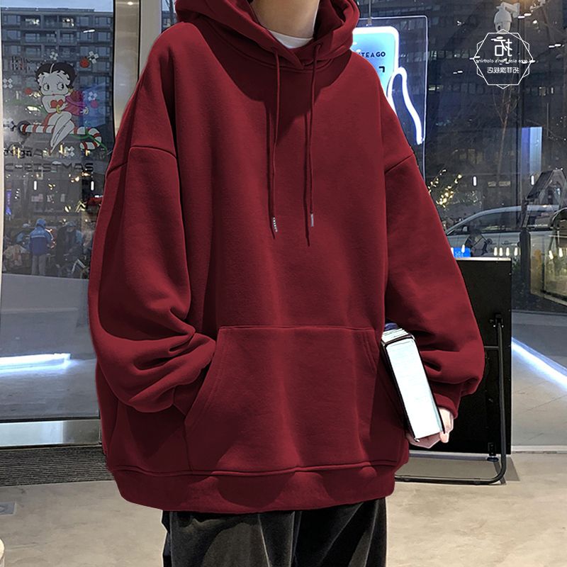American Casual Basic Solid Color Hooded Sweatshirt for Men, Spring and Autumn Trendy Brand Heavyweight Loose Burgundy Top Jacket