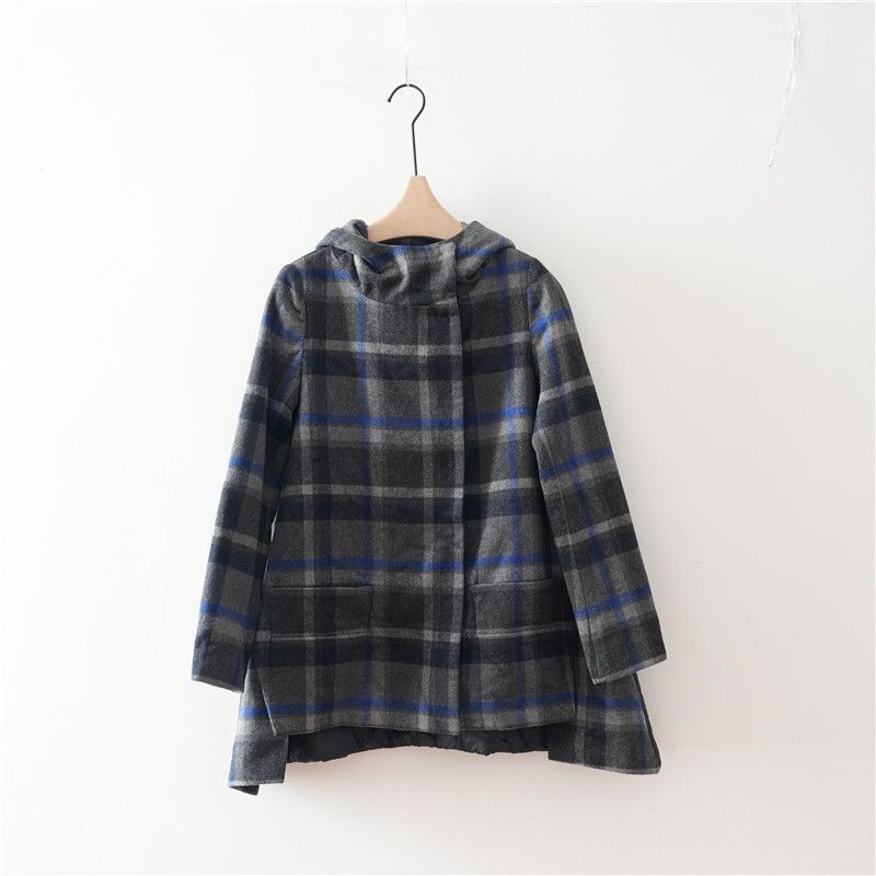 Saint Dior Women's 44% Wool Plaid Hooded Woolen Coat 2026 Spring Personalized Patchwork Double-Breasted Coat