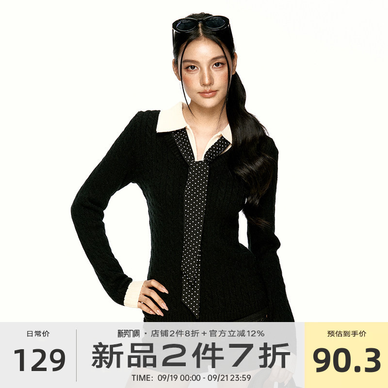 Aaisup Black Polo Collar Fake Two-Piece Knit Sweater for Women, Early Autumn Design, Niche Style, Slim Fit Lapel Sweater Aaisup Black Polo Collar Fake Two-Piece Knit Sweater for Women, Early Autumn Design, Niche Style, Slim Fit Lapel Sweater