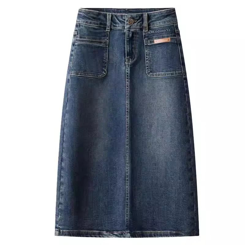 Plus Size Women's High-Waisted Denim A-Line Skirt, New Spring and Autumn Mid-Length Slimming Versatile Slit Skirt