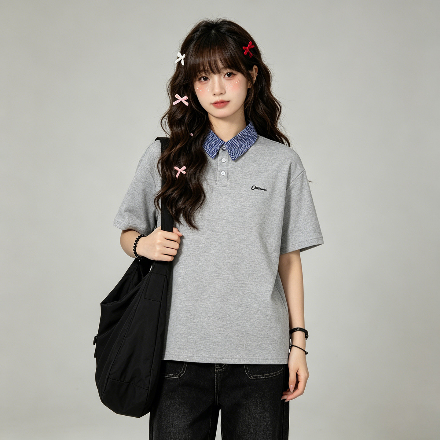 大码韩版学院风撞色格子翻领短袖t恤女胖mm时尚宽松百搭休闲上衣