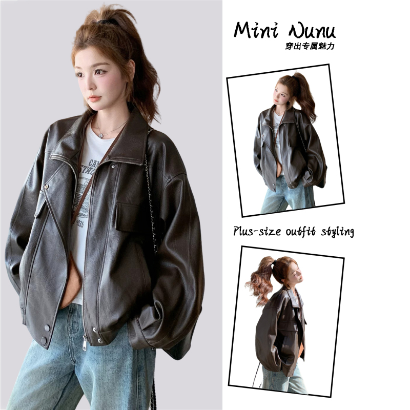 Plus Size Women's Retro Biker Style Lapel Pu Leather Jacket for Women, New Loose Fit Fashionable Leather Jacket for Fat Women Plus Size Women's Retro Biker Style Lapel Pu Leather Jacket for Women, New Loose Fit Fashionable Leather Jacket for Fat Women