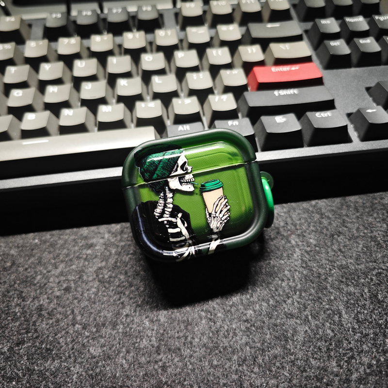 Green Skull Coffee Cup Personalized Apple Bluetooth Earphone Case Suitable for AirPods Pro 1/2 Generation Earphone Case Niche Original AirPods 2Nd/3Rd/4Th Generation Men's Style European and American