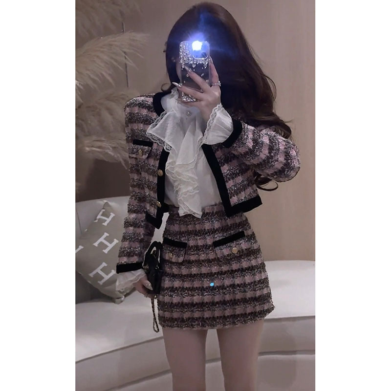 Autumn and Winter Retro Plaid Fashion Suit Tweed Elegant Jacket Half Skirt Tweed Style Hip-Hugging Skirt Two-Piece Set for Women