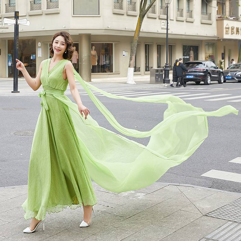  115 long (It is recommended to be 150-154)+Jinci wrinkle V -neck wide waistless sleeve tender green (3 meters skirt) only skirt   + $20.66 