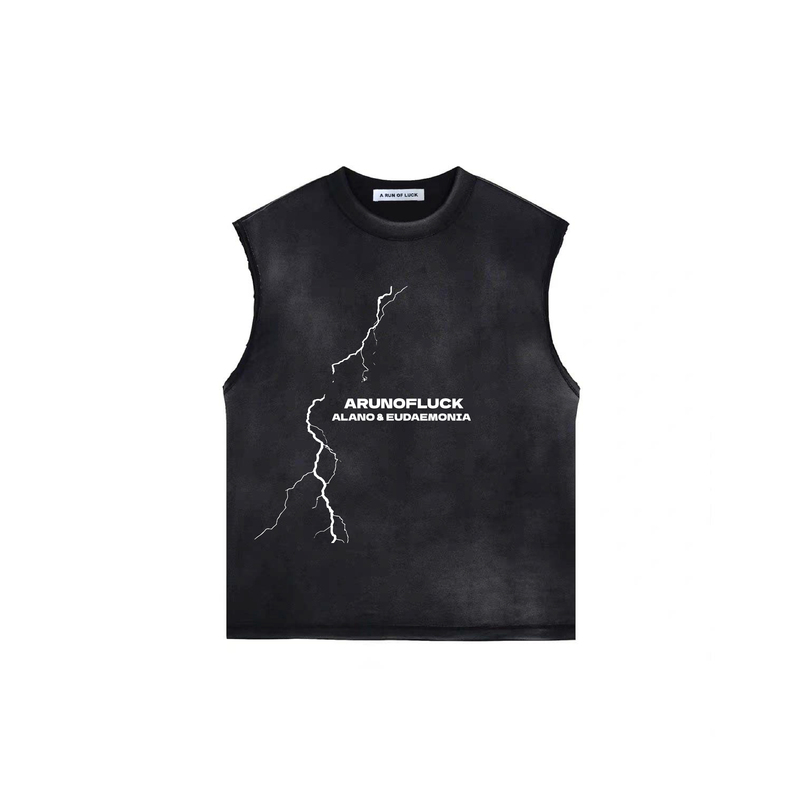 A Run of Luck 26 New Heavy-Duty Sleeveless Vest with Batik Vintage Wash, High Street Style, Unisex