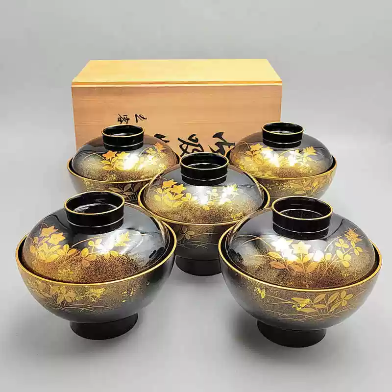 中古日本回流漆器碗会津塗木胎大漆金莳绘盖碗饭碗五客原盒