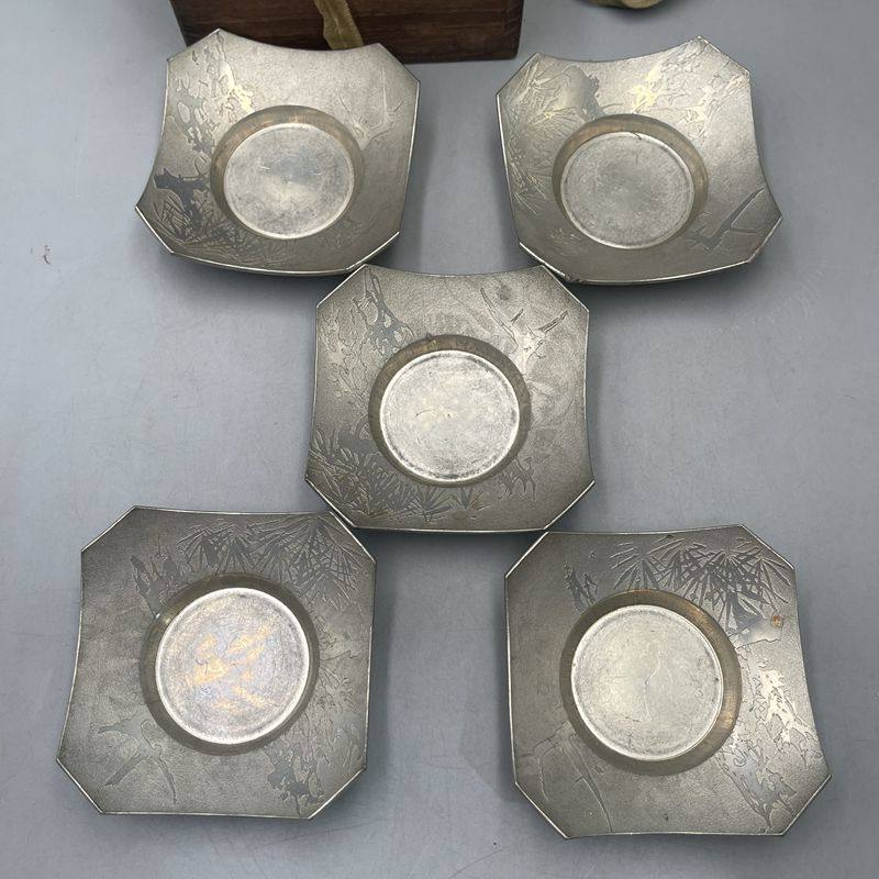 中古日本回流铜器金工家名越昌晴铜茶托龙纹杯托五客茶道具