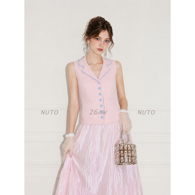 Nuto Retro Mermaid Pink Foam Handmade Open-Stitch Vest Looks Great and Makes You Look Slimmer