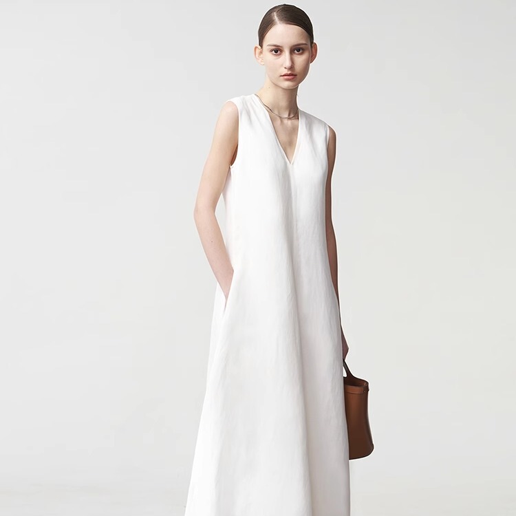 Summer Commuting Drapey Slimming Loose Linen V-Neck Sleeveless Dress for Women White Lyocell Elegant Long Dress Nv Summer Commuting Drapey Slimming Loose Linen V-Neck Sleeveless Dress for Women White Lyocell Elegant Long Dress Nv