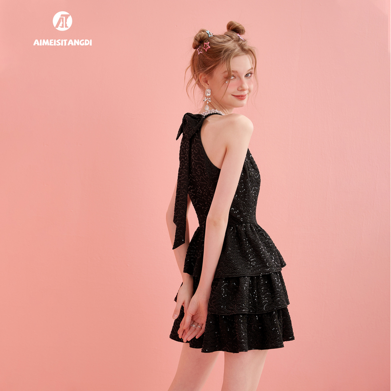 Chanel-Style Sequin Halter Cake Dress for Women, French Light Luxury Niche High-End Engagement Adult Birthday Mini Dress