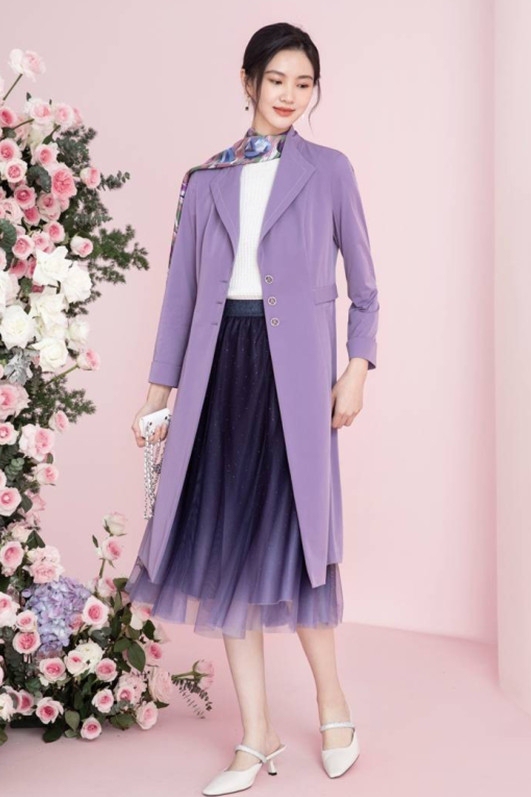 Casual Slimming 2025 Spring and Autumn New Purple Mid-Length Trench Coat, Slim and Elegant Women's Jacket Kj00604R4