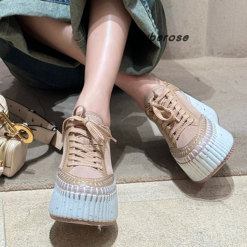 Tuberose Zhang Ziyi Style Platform White Sneakers, Height Increase 8cm, Genuine Leather Patchwork Biscuit Shoes for Women