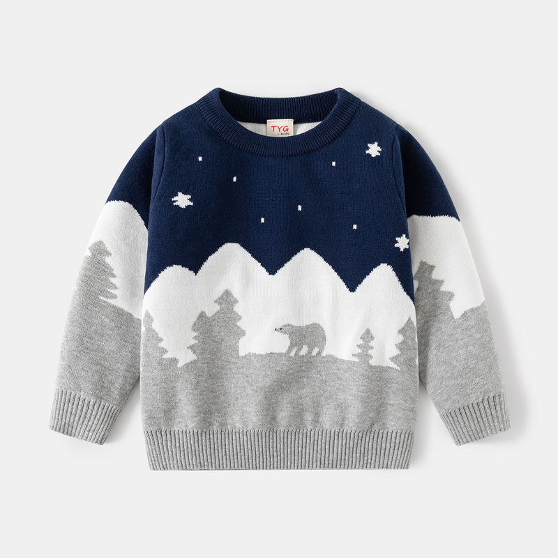 Children's Double-Layer Knitted Cotton Yarn Sweater 2025 Autumn/Winter Heavy-Duty Boys' Snow Mountain Pullover Warm Base Layer Shirt