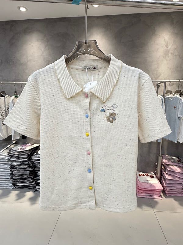26Th Summer New Collection [Heart Bear Waffle] Heart Button Color Cotton Polo Collar Cardigan T-Shirt 6967
