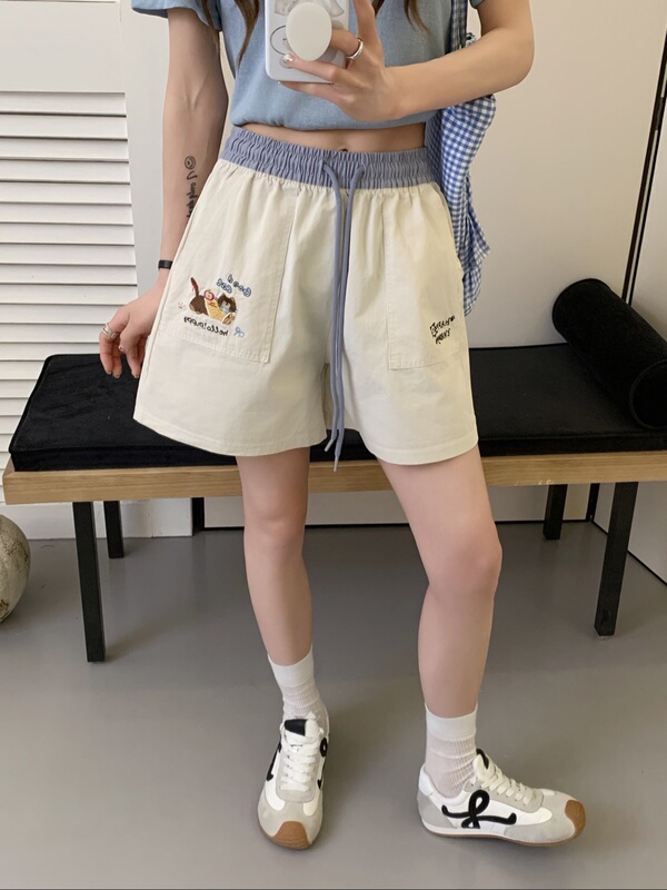 Woven Cotton Pure Cotton Korean Style [Dachshund Cat] Embroidered Color-Blocking Waist Slimming Versatile Shorts 5229