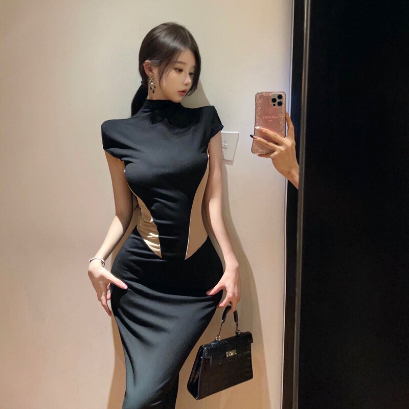 New European and American Style Niche High-Neck Spliced Mesh Dress, Sexy Slim-Fit Floor-Length Bodycon Dress for Women