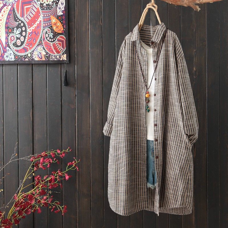 Striped Sun Protection Clothing for Women, Spring and Autumn Korean Style, Mid-Length Loose Cotton and Linen Shirt, Versatile Cardigan, Thin Jacket, Luxurious