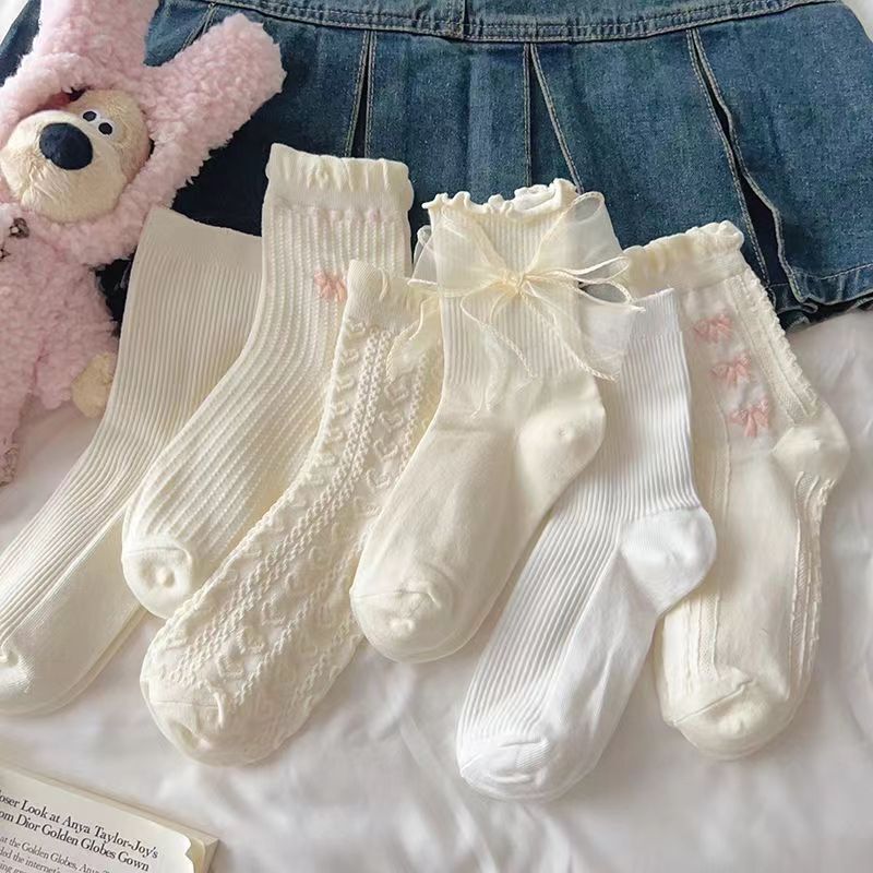 White Socks for Women, Versatile and Cute for Summer, Japanese Style Jk Socks with Lace, Mary Jane Socks to Match with Small Leather Shoes, Mid-Calf Sweat-Absorbing Socks