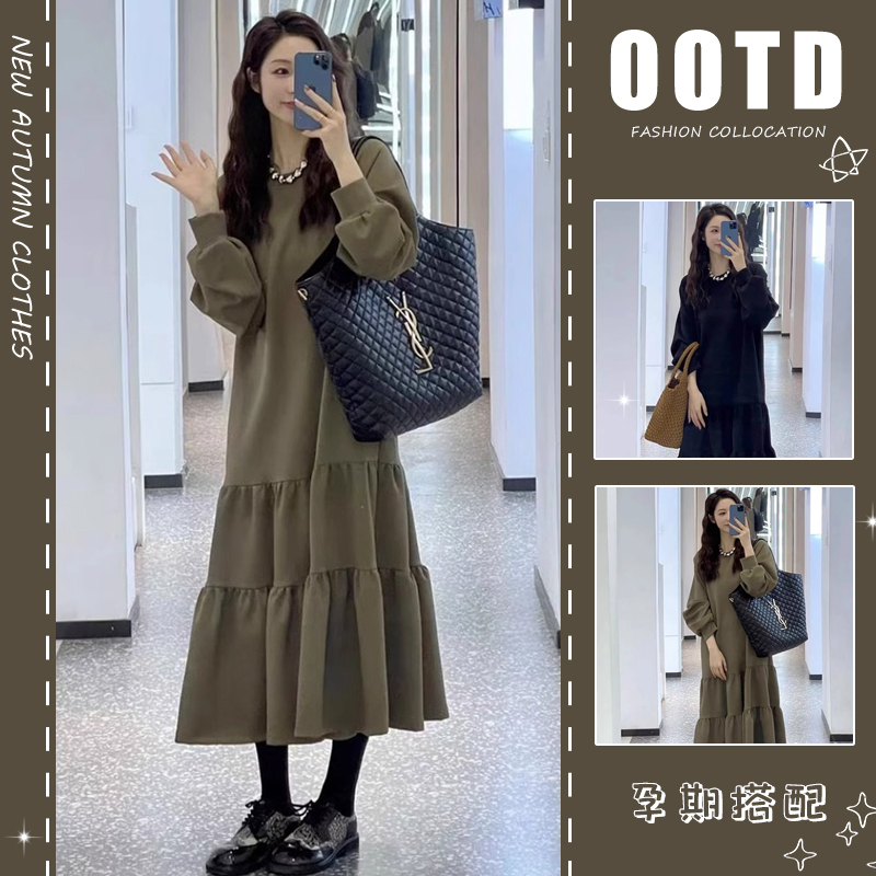 Maternity Dress Spring and Autumn 2026 New Large Size Loose Round Neck Sweatshirt Ruffled Long Skirt Autumn Maternity Dress