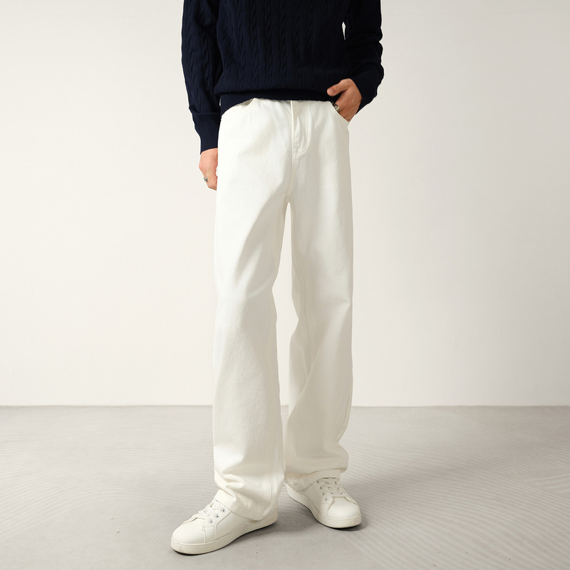 Converges Classic Washed White Jeans for Men, Spring and Autumn Style, Versatile for Work, Loose Straight-Leg Trendy Trousers