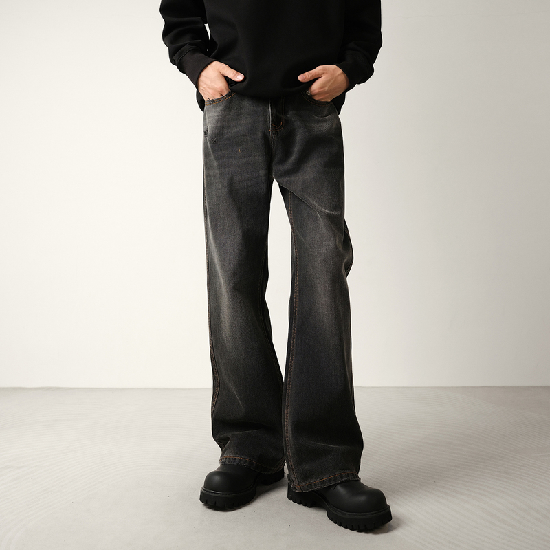 Converges Black and Gray Vintage Washed Flared Jeans for Men, Spring and Autumn Loose Wide-Leg Straight Trendy Trousers Converges Black and Gray Vintage Washed Flared Jeans for Men, Spring and Autumn Loose Wide-Leg Straight Trendy Trousers