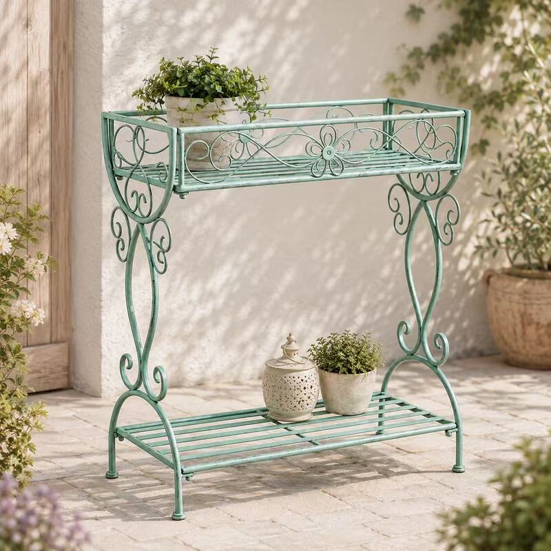 Retro Distressed Mint Green Double-Layer Iron Flower Stand European-Style Scroll Flower Balcony Courtyard Floor-Standing Flower Pot Rack Retro Distressed Mint Green Double-Layer Iron Flower Stand European-Style Scroll Flower Balcony Courtyard Floor-Standing Flower Pot Rack