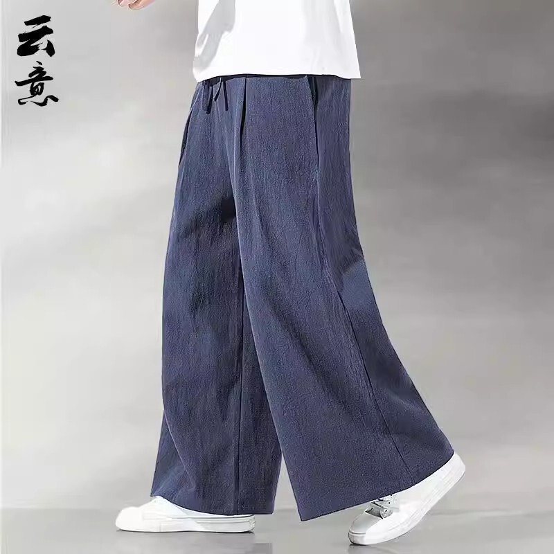 Summer Thin Chinese-Style Linen Pants for Men, Loose Flared Pants, Casual Plus-Size Wide-Leg Pants with Drape, Cotton-Linen Zen Style
