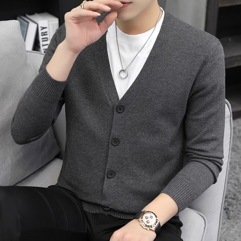 Solid Color V-Neck Cardigan Sweater for Men, Spring and Autumn Trendy New Fashion Casual Versatile Knitwear