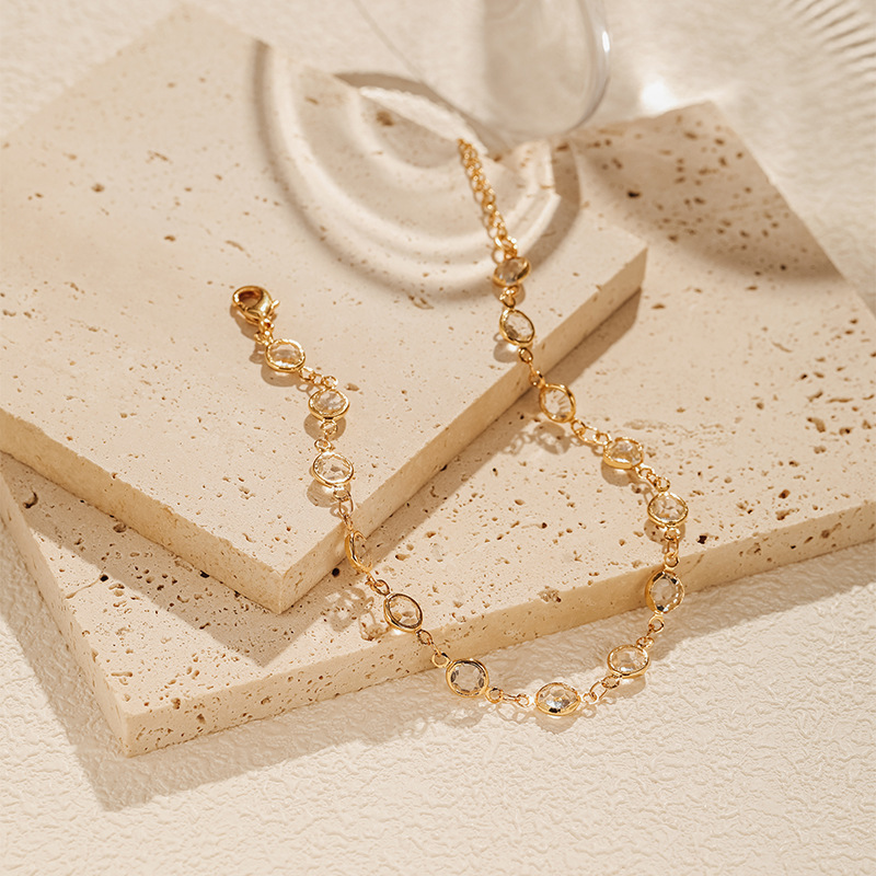 Factory Direct Sale Geometric Round Diamond Anklet, White Simple Style, ins Style, High-End Feel, Real Gold Electroplating