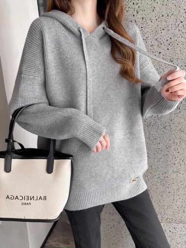 150kg Extra Large Size Fat mm Loose Slimming Hooded Mid-Length Pure Color Casual Thickeneded Versatile Knitted Sweater for Women