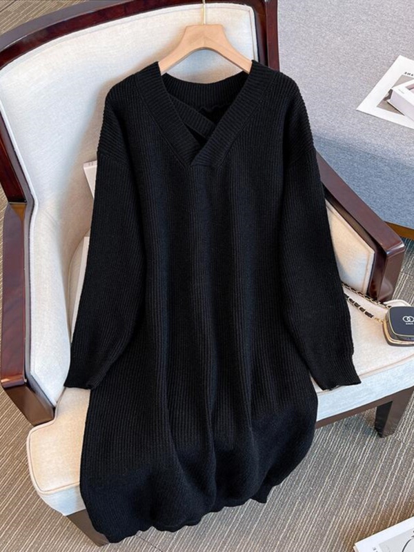 Autumn and Winter Clothing 150kg Extra Large Size Fat mm Loose Belly-Covering Long Casual Versatile Thickeneded V Neck Knitted Sweater Dress for Women Autumn and Winter Clothing 150kg Extra Large Size Fat mm Loose Belly-Covering Long Casual Versatile Thickeneded V Neck Knitted Sweater Dress for Women