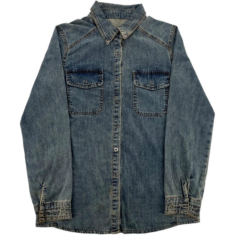 Джинсовая рубашка vintage古着美式复古阿美咔叽水洗做旧长袖日系牛仔衬衫男女n2