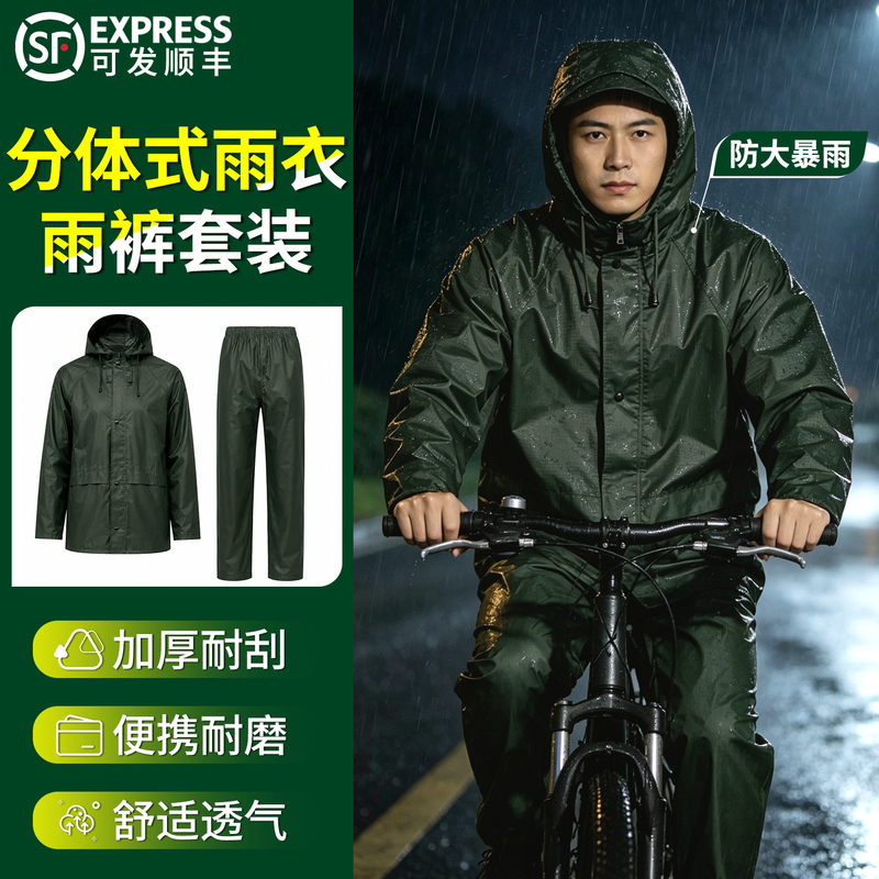 Standard Split-Type Raincoat and Rain Pants, Genuine Adult Olive Green Rain Poncho Set, Military Green, Outdoor Cycling, Wear-Resistant, Labor Protection