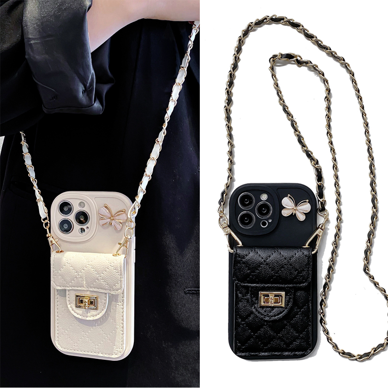 Autumn and Winter Diamond-Patterned Chanel-Style Butterfly Card Holder Case Suitable for iPhone 17 Pro Max, Apple 16 with Strap, 15 Crossbody, 13 with Lanyard, 12 Niche, 11 Premium, Xr/Xs Max Soft Case for Women