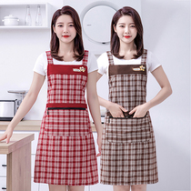 2024 New Internet Celebrity Cotton Apron Home Kitchen Cooking Work Clothes Womens Style Plaid Breathable