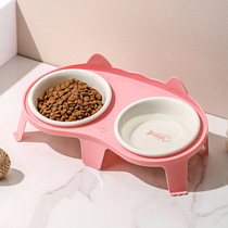 Cat Bowl Ceramic Cat Food Basin Protection Cervical Spine Anti-Catty Cat Drinking Water Bowl Double Bowl Inclined Opening Small Dog Bowl Heightening Rack