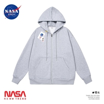 NASA co-branded solid color sports hooded cardigan sweatshirt for men and women spring and autumn plus velvet couple loose casual jacket