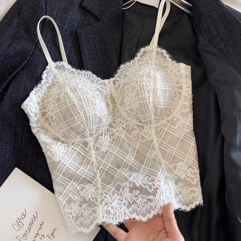 French Retro Pure Lace Camisole with Underwire, Women's Camisole with Chest Pads, Beautiful Back Bra, Integrated Base Layer for Outerwear