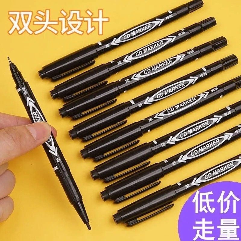 Double-Ended Marker Pen for Art Students, Oil-Based Marker Pen with Thick and Thin Tips, Black, Quick-Drying, Waterproof, Thick Tip