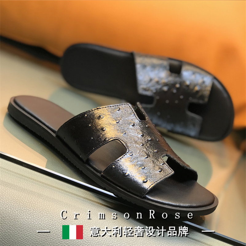 Cr Light Luxury 2026 Summer New European Style Genuine Leather Slippers Large Size Designer Men's Sandals Europe