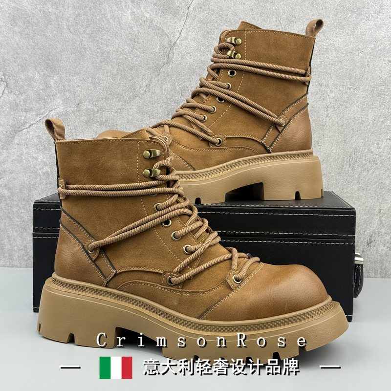 Cr Light Luxury Italian Versatile Retro Boots High Street High-Top Yellow Boots Thick-Soled Height-Increasing Martin Boots Men's European