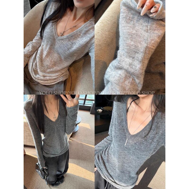 Lil Cher V-Neck Versatile Knitted Slim-Fit Base Shirt Sweater Casual T-Shirt Long-Sleeve Knitwear for Autumn and Winter